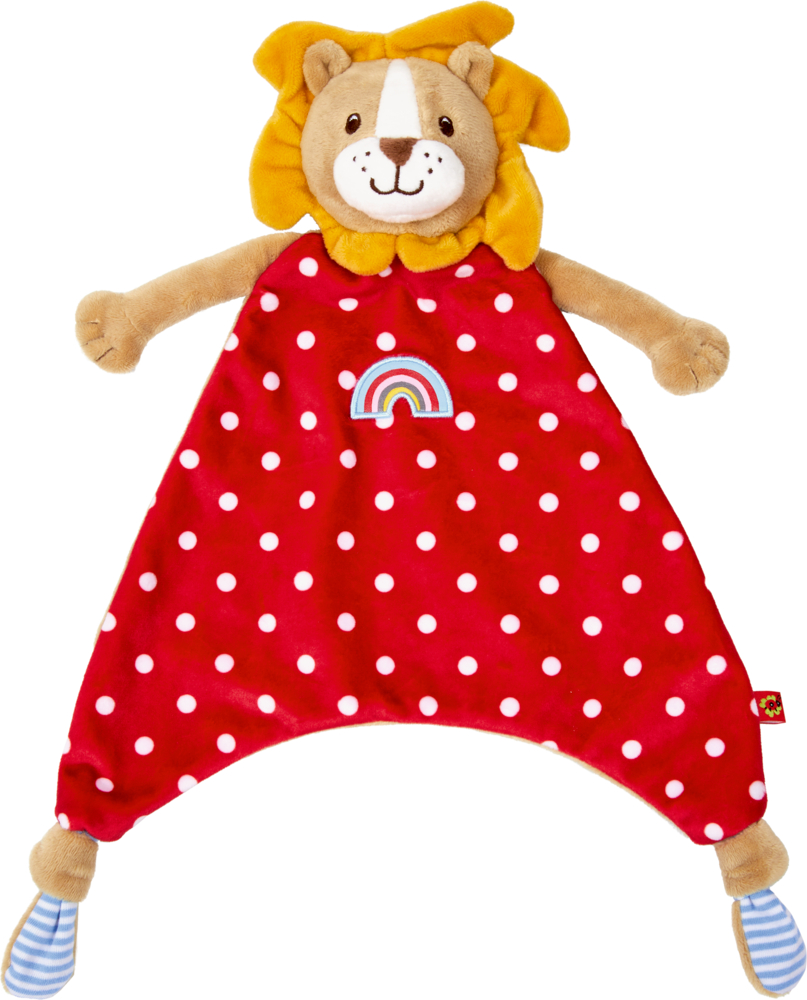Schnuffeltuch Löwe Babyglück, rot Plüschiges Löwen-Schmusetuch mit rot gepunktetem Körper, Regenbogen-Patch und blau gestreiften Füßen.