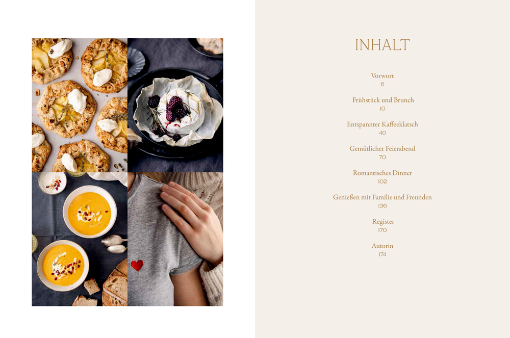 Collage mit Fotos von Törtchen, Kuchen, Kürbissuppe und Menschen. Inhaltsverzeichnis rechts abgebildet.