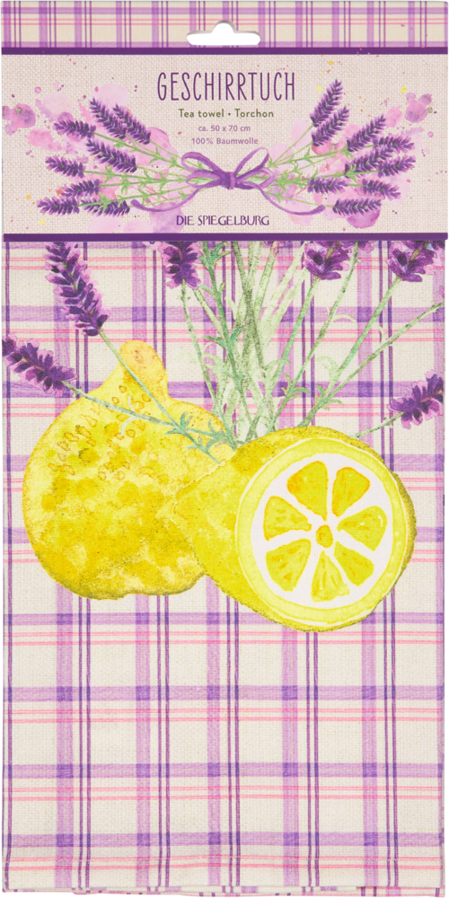 Kariertes Geschirrtuch mit Aquarellzitronen und Lavendelzweigen, oben Verpackung mit Text GESCHIRRTUCH.