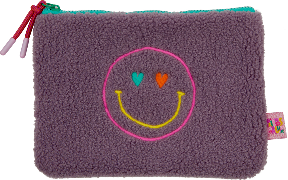 Lila Allzwecktasche mit Smiley-Gesicht, herzförmigen Augen (eines grün, eines rot), türkisfarbener Reißverschluss.
