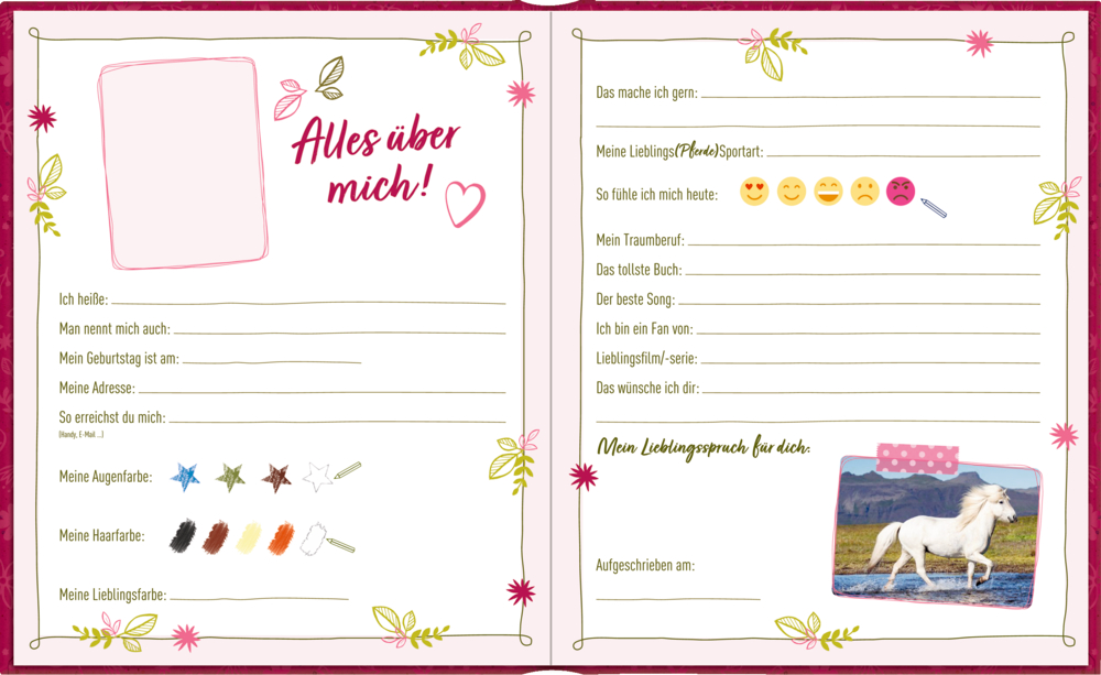 Aufgeschlagene Freundebuchseiten mit Anregungen zu persönlichen Favoriten und einem Foto eines weißen Pferdes.