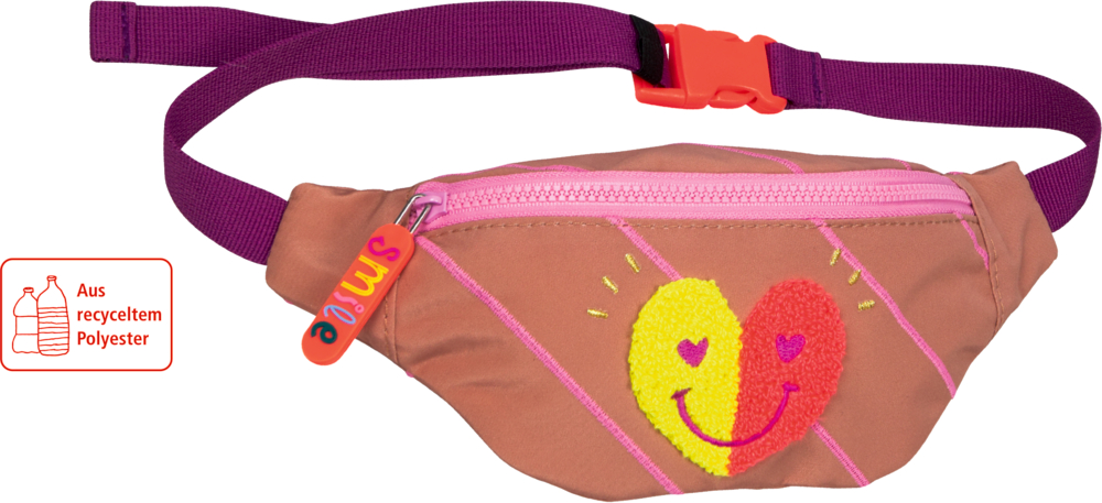 Rosa Bauchtasche mit Herz Smiley Face, Smile Zipper, lila Riemen, hergestellt aus recyceltem Polyester.