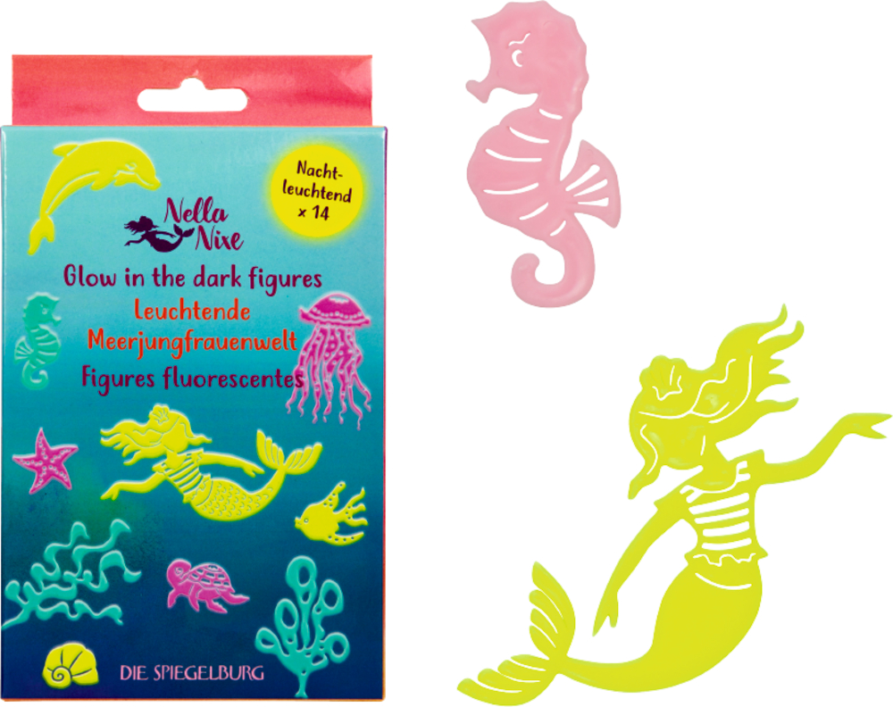 Eine Packung Glow-in-the-dark Meeresfiguren, daneben ein Seepferdchen und eine Meerjungfrau.