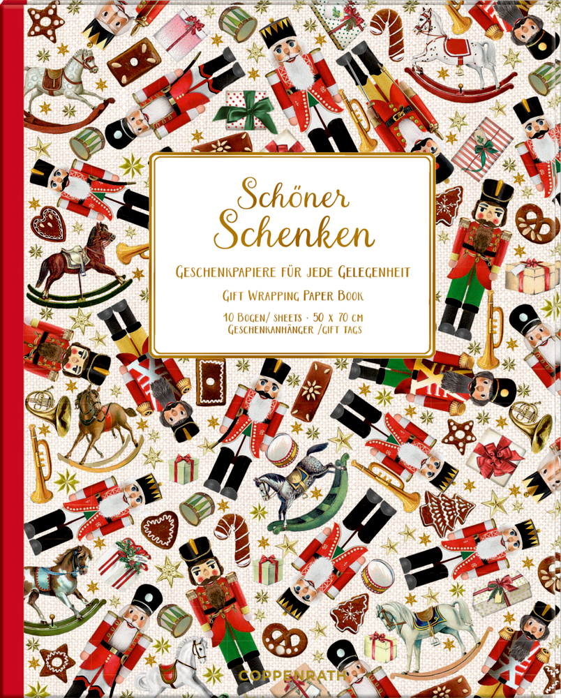 Festlicher Buchumschlag mit Nussknackern, Geschenken und Ornamenten auf einem farbenfrohen Hintergrund mit Feiertagsmuster.