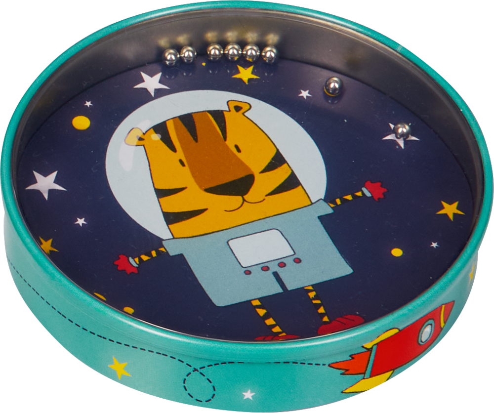 Runde Dose mit niedlichem Tiger im Raumanzug. Neben dem Tiger kleine silberne Kugeln und Aussparungen für Kugeln.