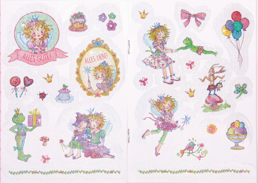 Stickerbogen-Seite mit Feenillustrationen, Blumen, Fröschen, Kuchen, Luftballons und verspielten Szenen auf rosa-farbenem Hintergrund.