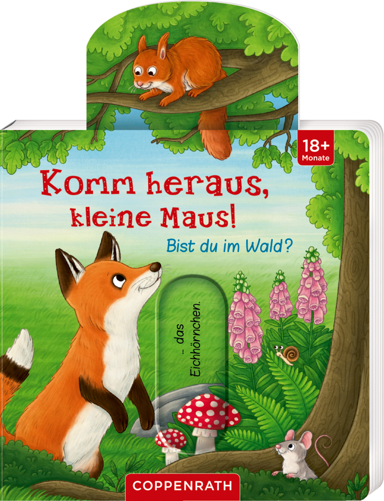 Auf dem Cover von "Komm heraus, kleine Maus!" sitzt ein Fuchs im Gras und schaut zu einem Eichhörnchen im Baum auf, daneben sitzt eine Maus.