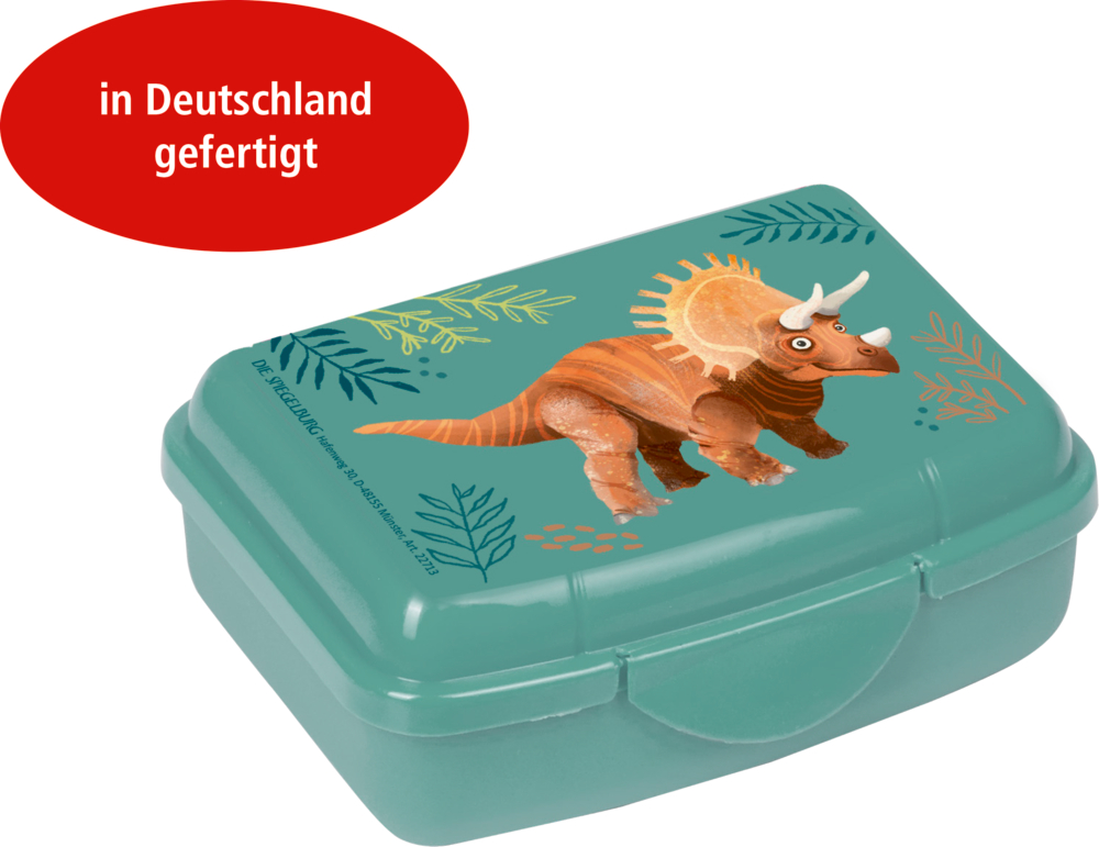 Kleine türkise Lunchbox mit Triceratops-Motiv und der Aufschrift „in Deutschland gefertigt“.