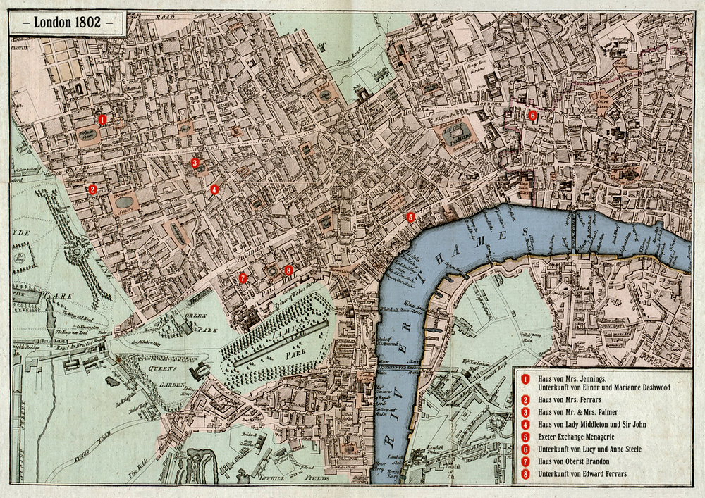 Antike Karte von London aus dem Jahr 1802 mit acht Orten, die jeweils durch einen nummerierten roten Kreis markiert sind.