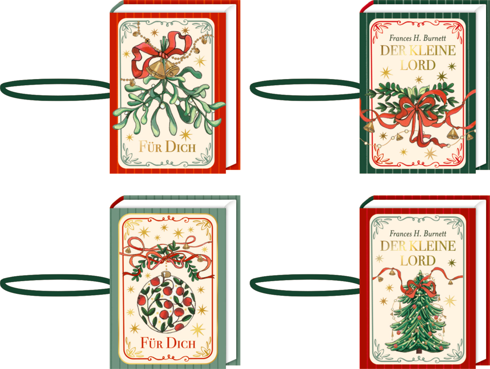 Vier weihnachtlich gestaltete Bücher mit roten und grünen Einbänden, Weihnachtsmotiven und grünen Schlaufen.