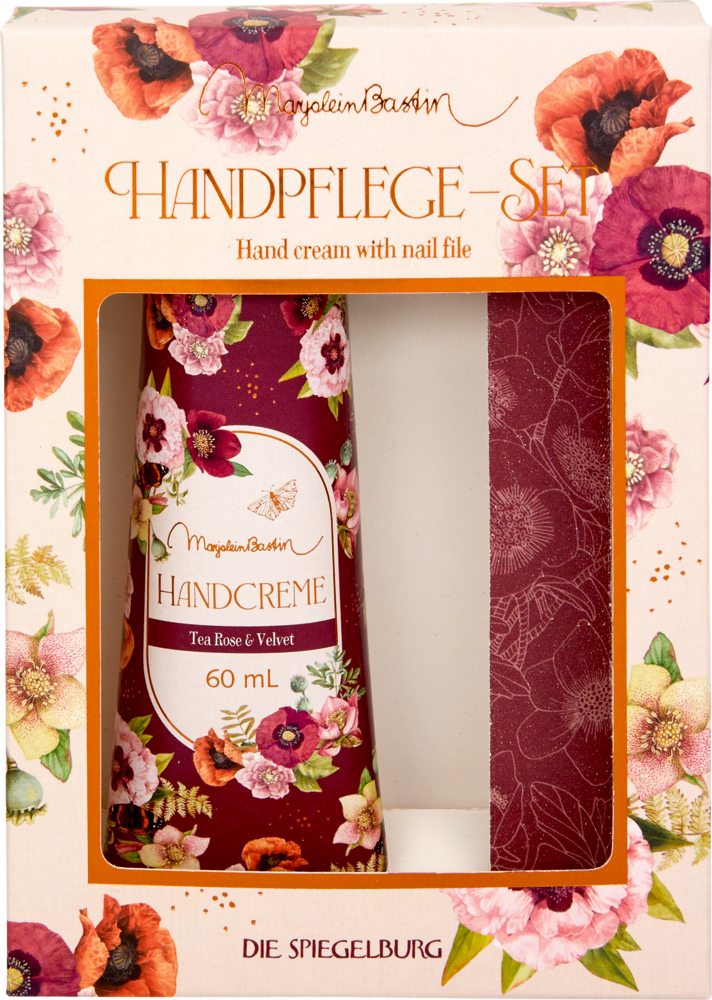 Handcreme mit Nagelfeile Blütenzauber - M. Bastin Mit Blumen verzierte Pappschachtel mit Sichtfenster. Darin sind eine dunkelrote Pfeile und eine Cremetube zu sehen.