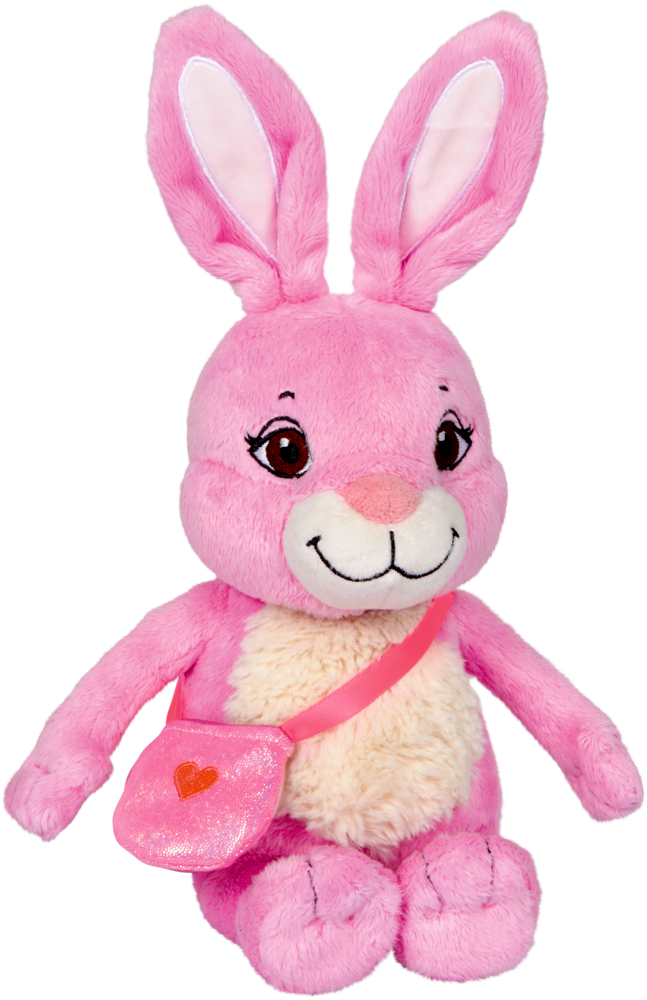 Hase Wuschel - Prinzessin Lillifee Rosa Plüschhase mit großen Ohren, fröhlichem Gesicht und einer rosa Handtasche mit einem Herz am Riemen.
