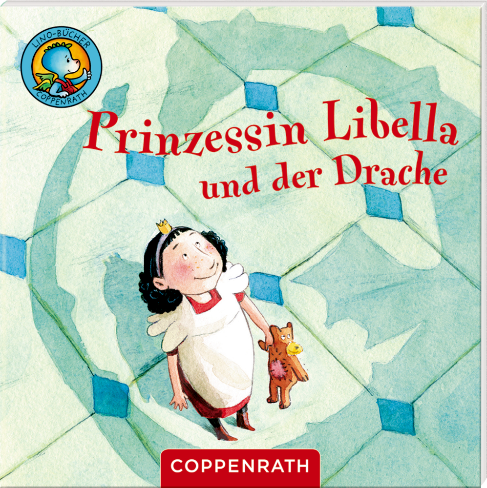 Linos Prinzessinnen-Geschichten (6 Lino-Bücher) Lächelnde Prinzessin hält ein Spielzeugtier in einer Hand, Titel „Prinzessin Libella und der Drache“.