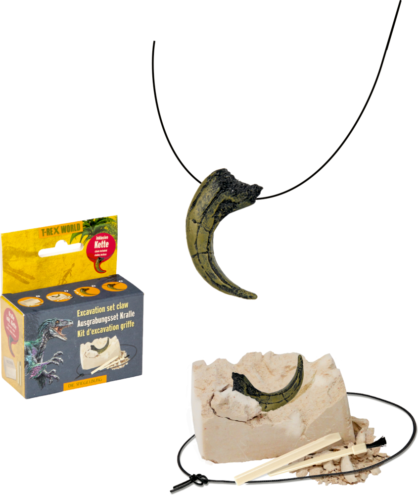 T-Rex Klauen-Ausgrabungsset, Klauenkette, Grabungswerkzeuge, Gipsblock und Produktbox nebeneinander.