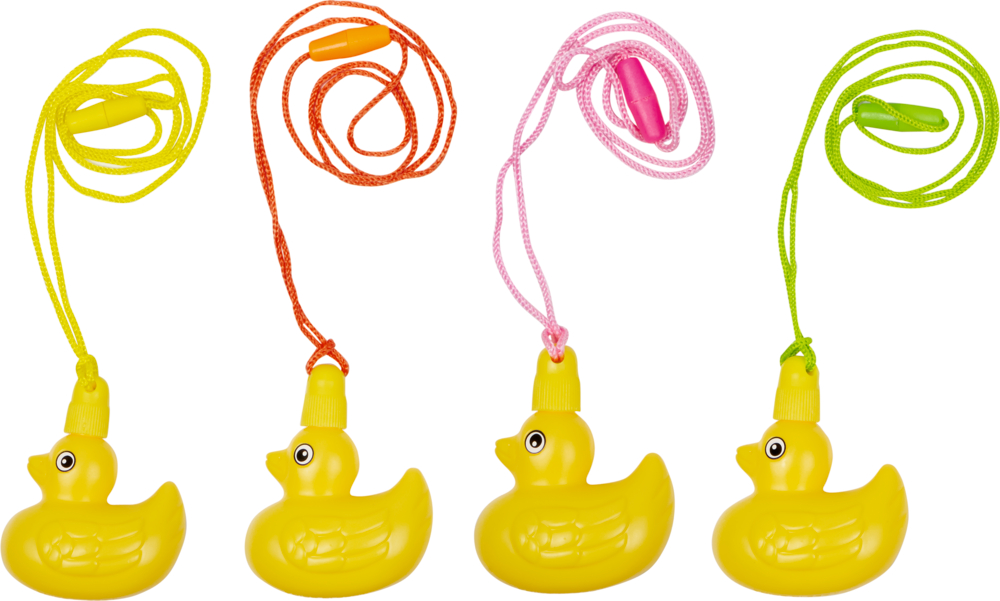 Vier gelbe Plastikenten mit Schnüren in Gelb, Orange, Pink und Grün.