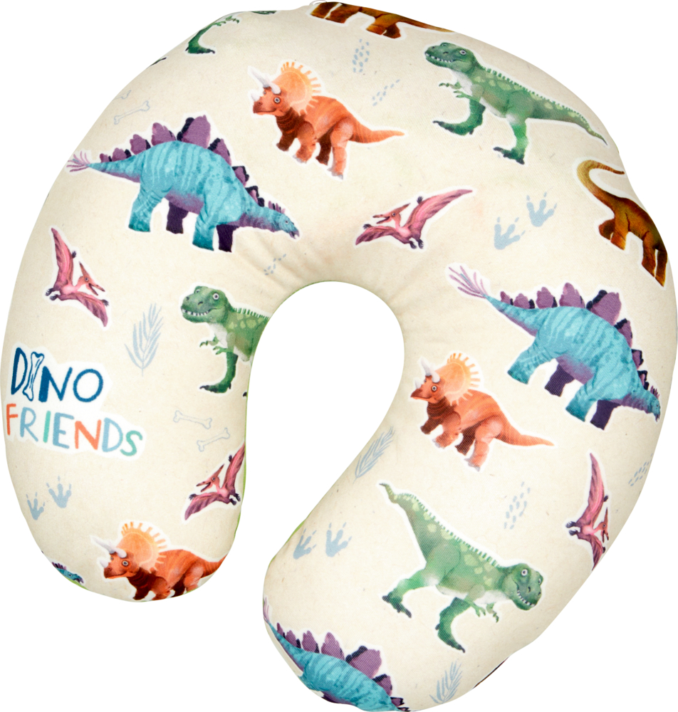 Nackenkissen mit farbenfrohen Dinosaurierillustrationen und dem Aufdruck „Dino Friends“.