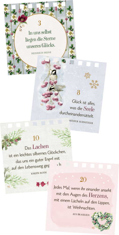 Vier dekorative Kalenderblätter mit weihnachtlichen Motiven, floralen Verzierungen und Zitaten in unterschiedlichen Schriftarten.