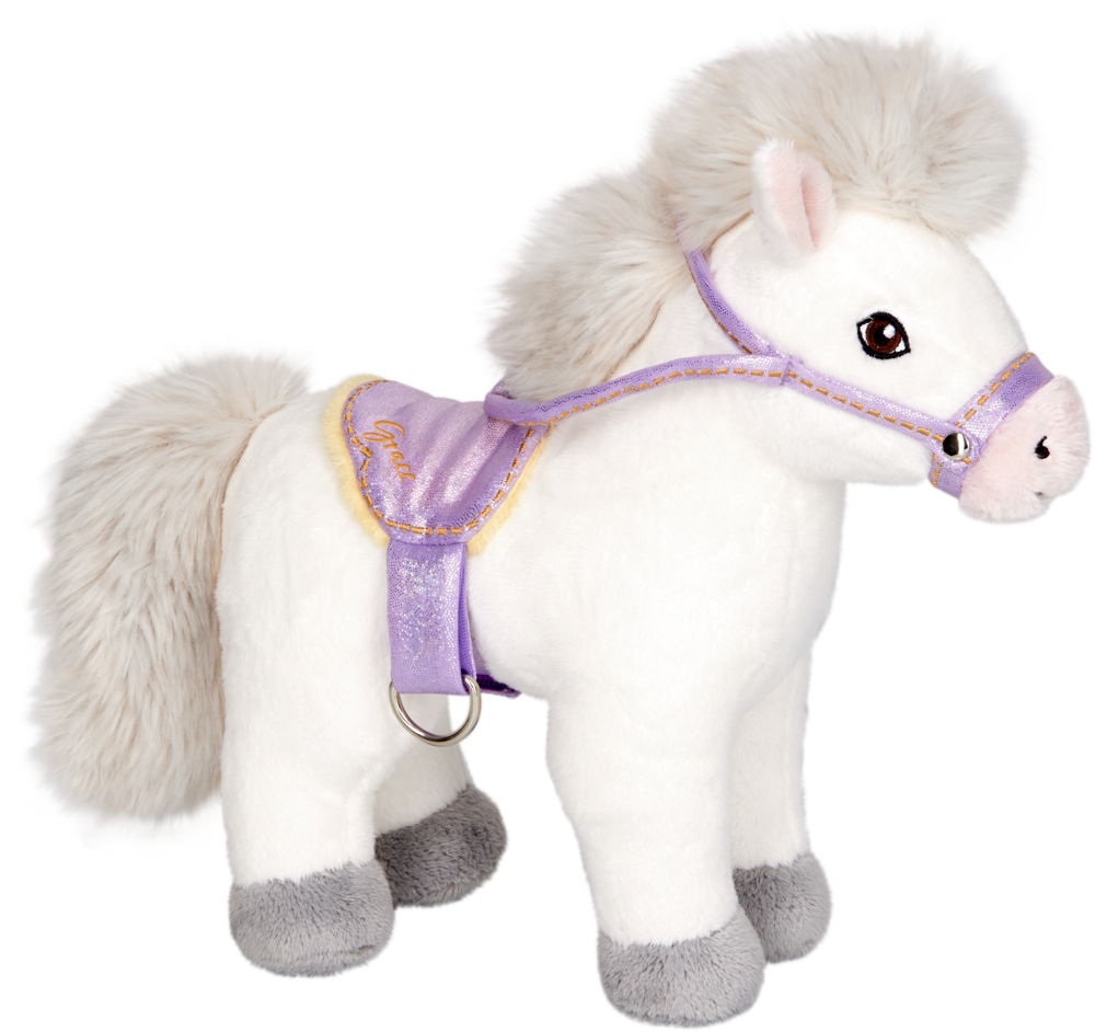 Pferd Grace - Pferdefreunde Weißes Plüschpony mit flauschiger Mähne, lila Geschirr und Sattel.