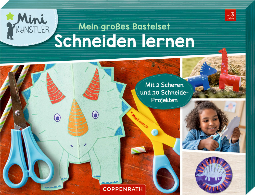 Mein großes Bastelset - Schneiden lernen Dinos (Mini-Künstler) Verpackung des Schneide-Bastelsets für Kinder: Enthält Schere und bunte Dino-Formen! Kreatives Spielvergnügen für kleine Hände.