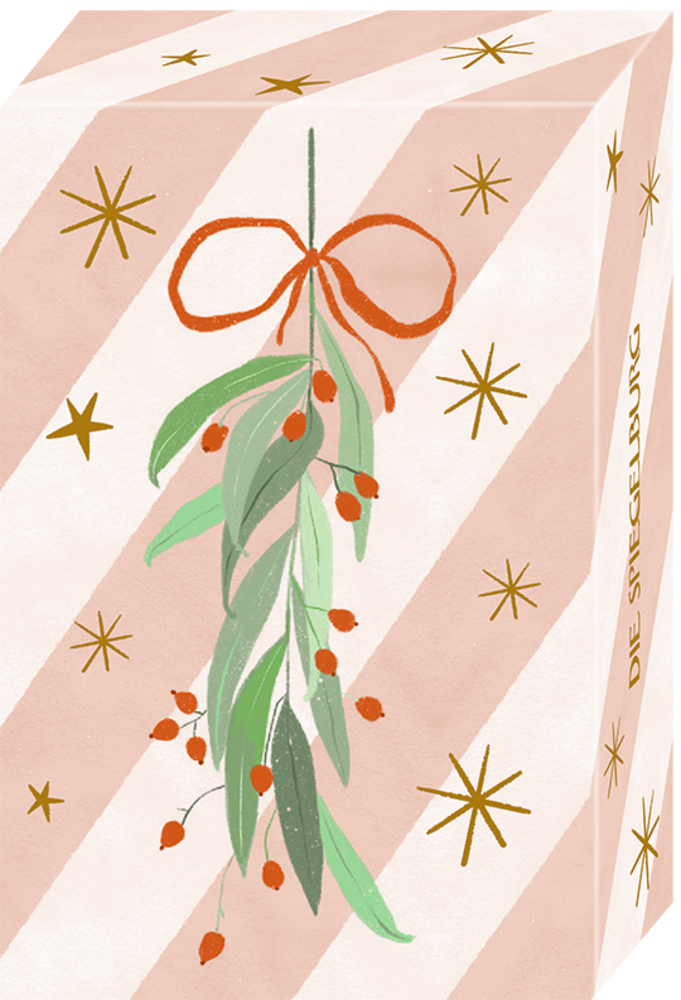 Kleine Schachtel mit weihnachtlich illustriertem Mistelzweig, roten Beeren und Sternen.