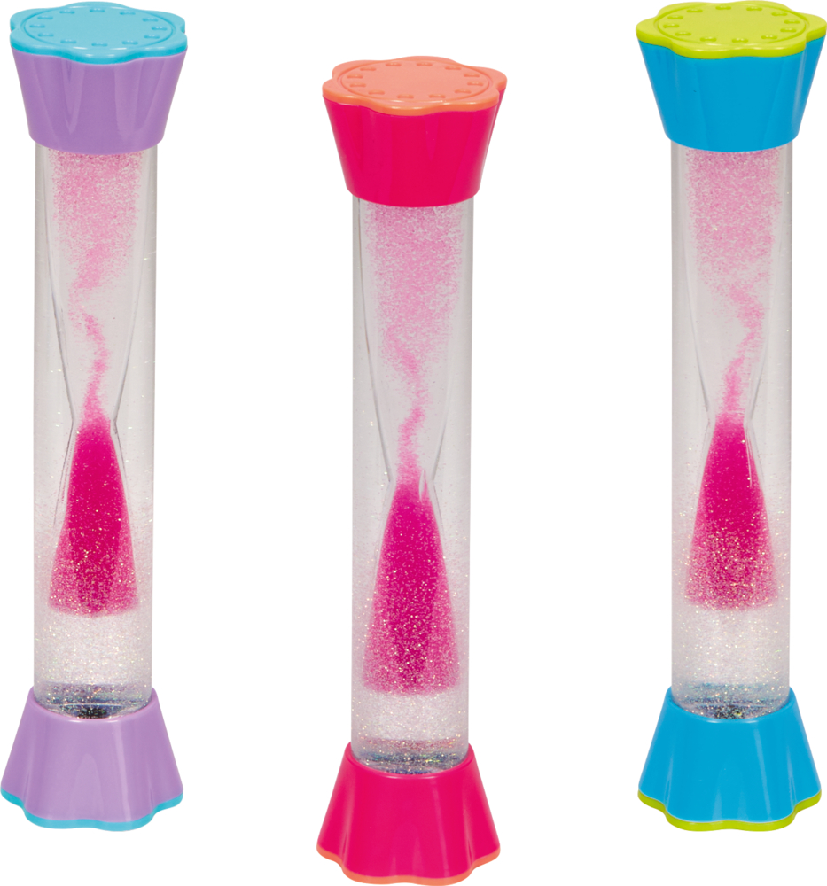 Glitzerwirbel - Nella Nixe Drei aufrechte Glitzer-Wirbel, die wie Sanduhren aussehen, gefüllt mit rosa Glitzersand, jeweils mit buntem Boden und Deckel.