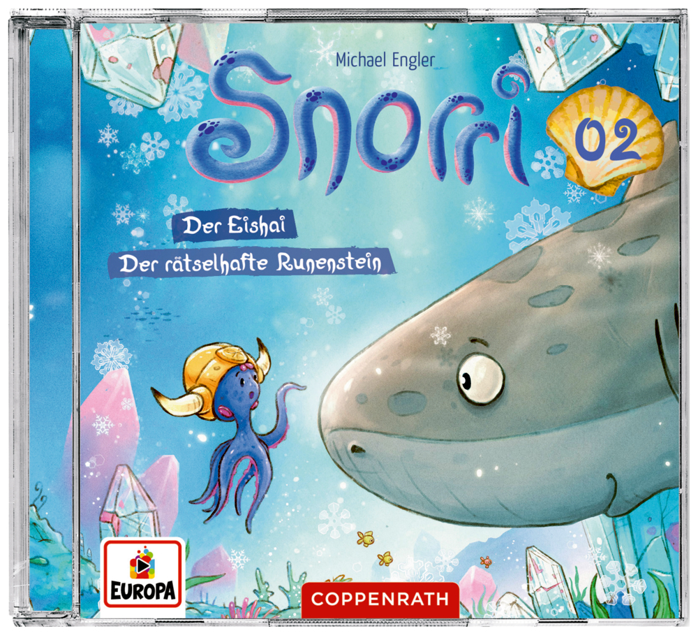 CD Hörspiel: Snorri (Bd.2) - Der Eishai & Der rätselhafte Runenstein CD-Cover: Hai und Oktopus mit Helm, Eis- und Runensteinmotiven; Titel lautet „Snorri 02“.