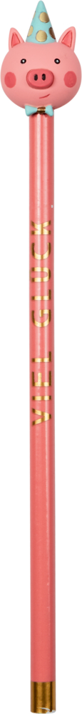 Rosa Bleistift mit einem Aufsatz in Schweineform und einem Partyhut an der Spitze.