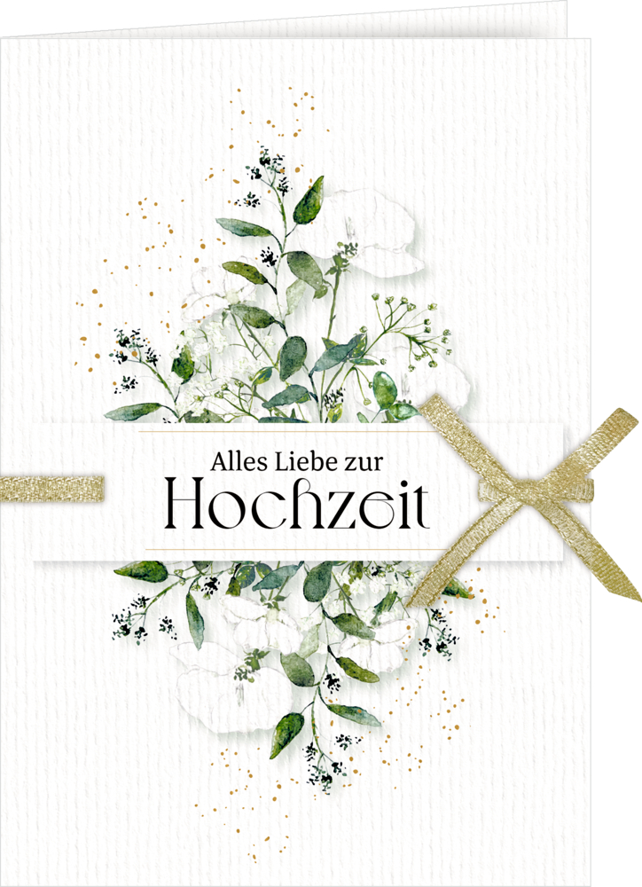 Grußkarte mit Kuvert Blumen-Aquarell-Hochzeitskarte mit goldenem Band und deutschem Text: „Alles Liebe zur Hochzeit“.