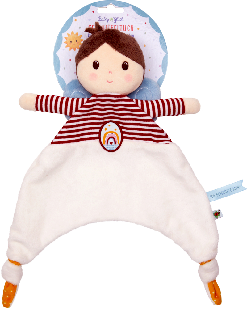 Stoffpuppe mit Streifenshirt und weißem Schmusetuch als Hose an einer hellblauen Trägerkarte.