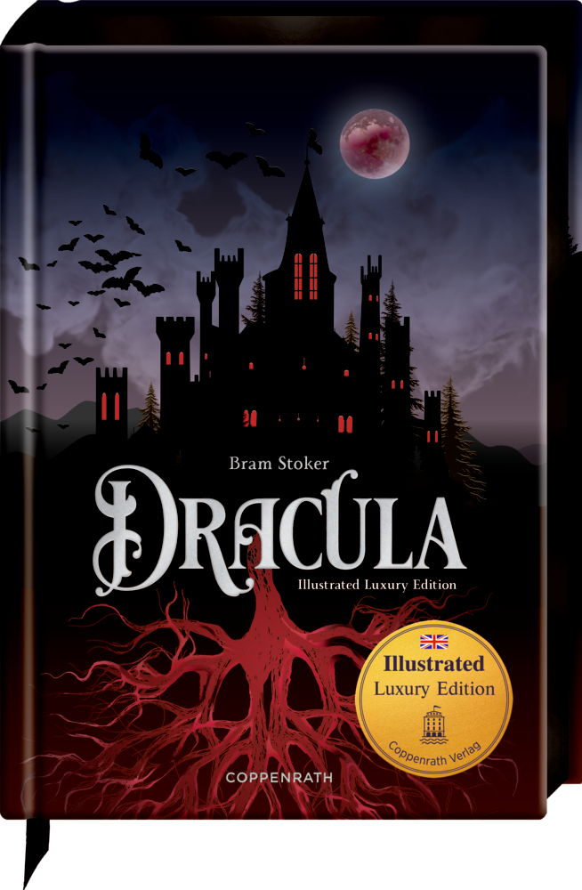 Dunkle Burgsilhouette, roter Mond, Fledermäuse und karmesinrote Wurzeln – Coverbild der Dracula Illustrated Luxury Edition.