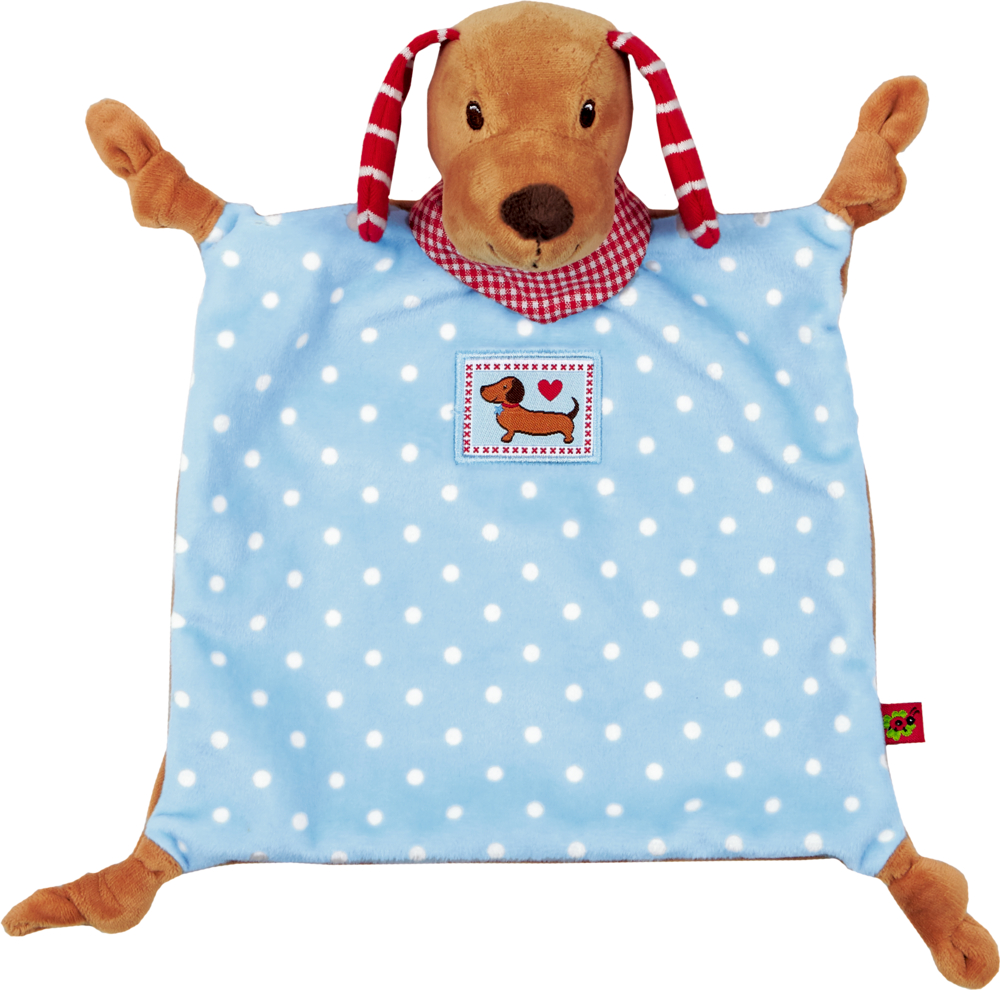 Schnuffeltuch Hündchen  BabyGlück Plüschiges Hunde-Schmusetuch mit blauem Tupfenstoff, rot gestreiften Ohren und ausgestreckten Armen und Beinen.