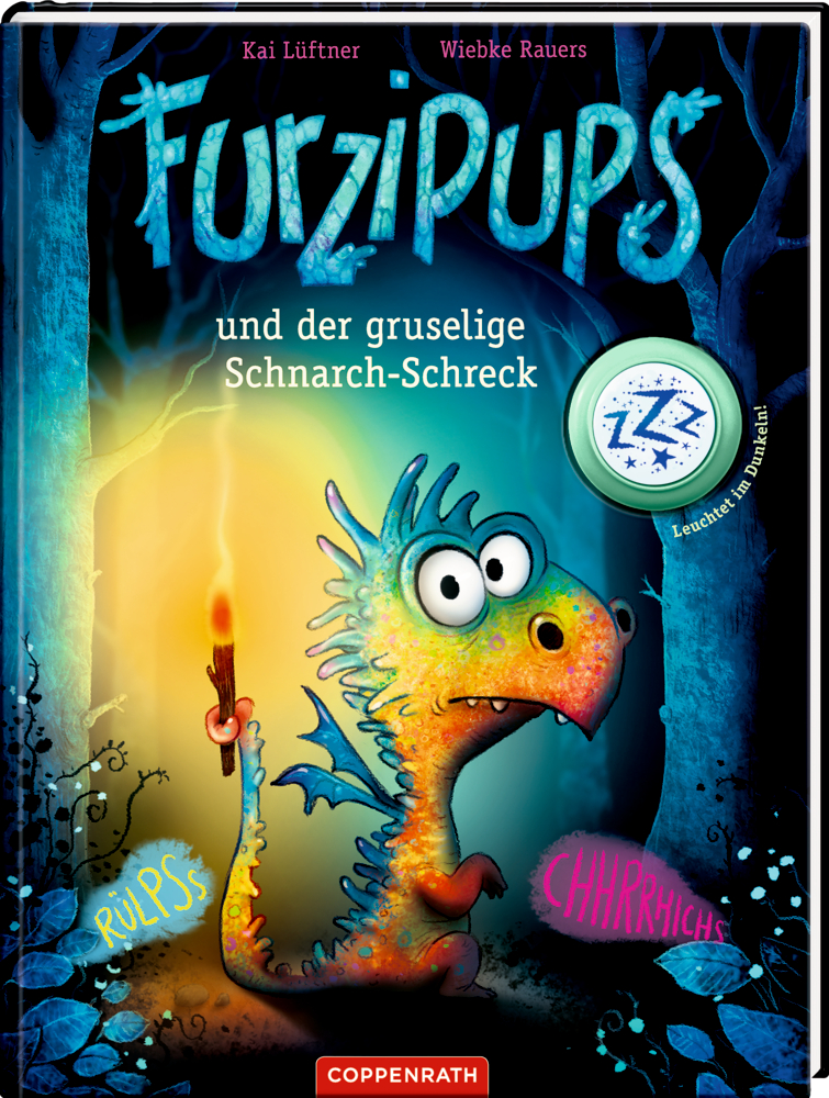 Furzipups (Bd. 4) Furzipups-Cover auf dem ein nervöser Drache eine Kerze in einem dunklen, gruseligen Wald hält.