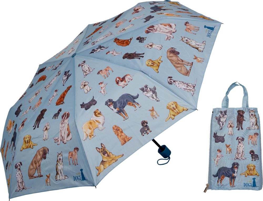 Taschenschirm & Duo Bag - I love dogs (cats & dogs) Hellblauer Regenschirm mit Hundeillustrationen im geöffneten Zustand.