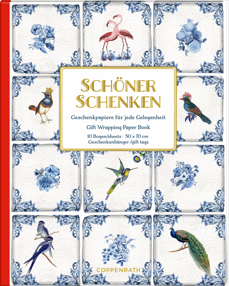 Geschenkpapier-Buch: Schöner schenken (B. Behr) Buchdeckel mit Vögeln und blauen Blumenkacheln, Titel „Schöner Schenken“ in einer goldenen Box.