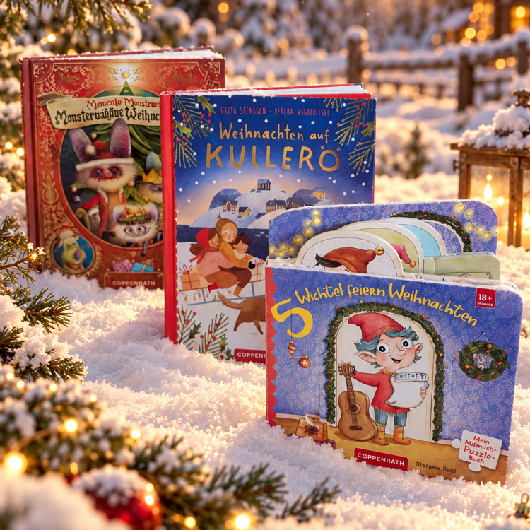 Drei weihnachtliche Kinderbücher im Schnee mit weihnachtlicher Kulisse.