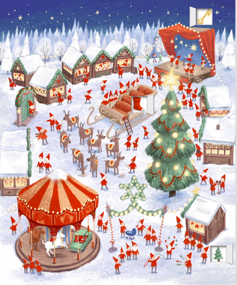 Adventskalender mit dem Motiv vom Winterdorf mit Elfen, Rentieren, Weihnachtsschlitten, Karussell und geschmücktem Weihnachtsbaum.