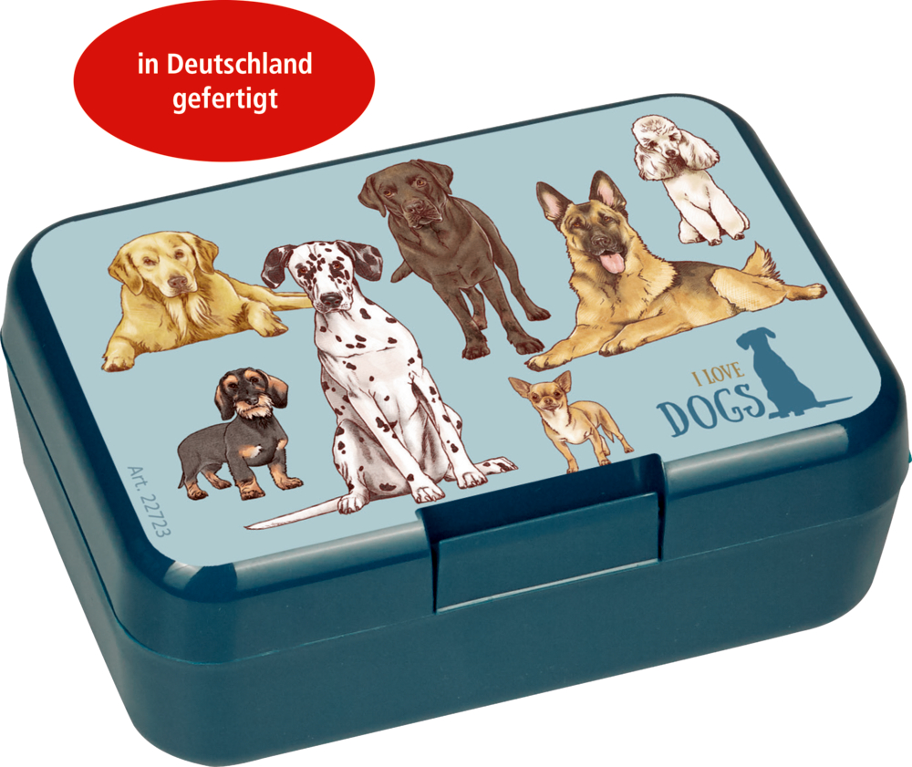 Kleine blaugrüne Lunchbox mit Abbildungen von Hunderassen und dem Text „I LOVE DOGS“ und „Made in Germany“.