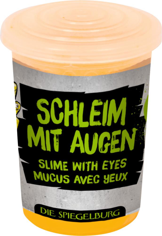 Schleim mit Augen - Wild+Cool Plastikbehälter mit grünem Text „Schleim mit Augen“ auf schwarzem Untergrund.