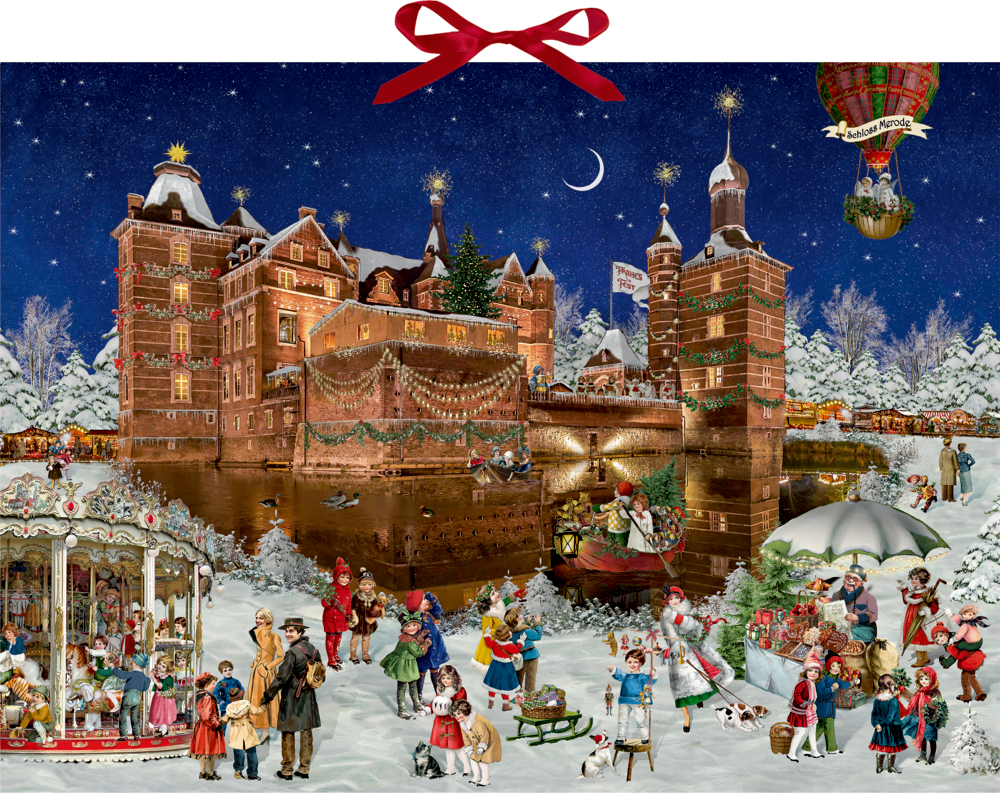 Weihnachtszauber auf dem Schloss, Wand-Adventskalender (Behr) Festliche Winternacht: Menschen, Kinder und Tiere versammeln sich vor einem geschmückten Schloss.
