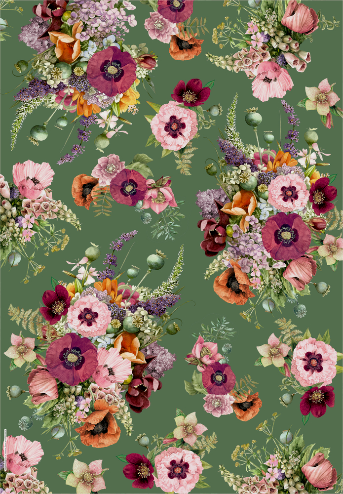 Geschenkpapierbogen mit detailreichen Blumen und Blättern auf grünem Hintergrund.