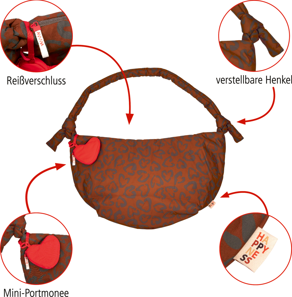 Braune Schultertasche mit Herz-/Leomuster, verstellbarem Henkel, rotem Mini-Portemonnaie und Reißverschluss.