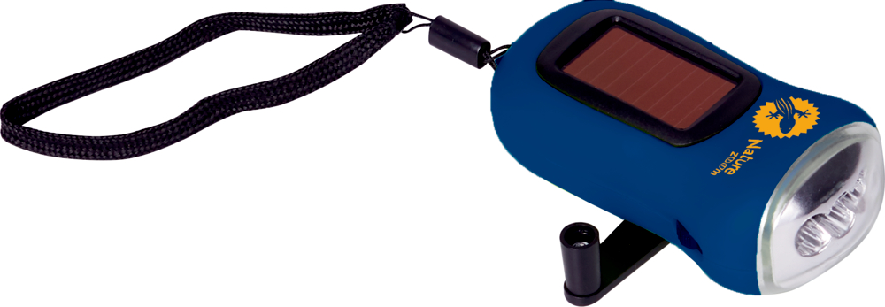 Dynamo-Taschenlampe Nature Zoom (blau) Blaue Taschenlampe mit Handkurbel, Solarpanel, Handschlaufe und LED-Lampe.