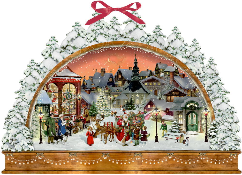 Festliches verschneites Dorf mit Menschen, Weihnachtsbäumen und Gebäuden, eingerahmt von schneebedeckten Kiefern.