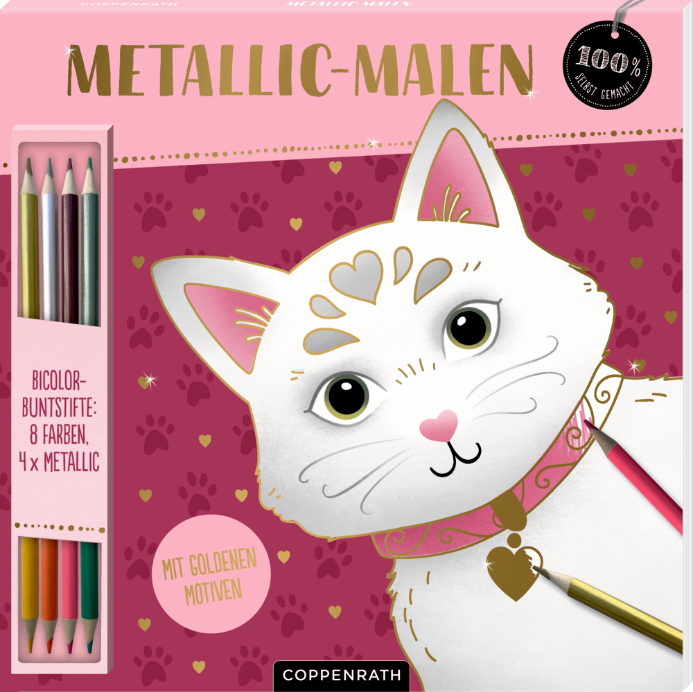 Malblock: Metallic-Malen Katze - 100% selbst gemacht Malset-Cover mit weiße Katze, Herzmotive und Buntstifte auf rosa Hintergrund.
