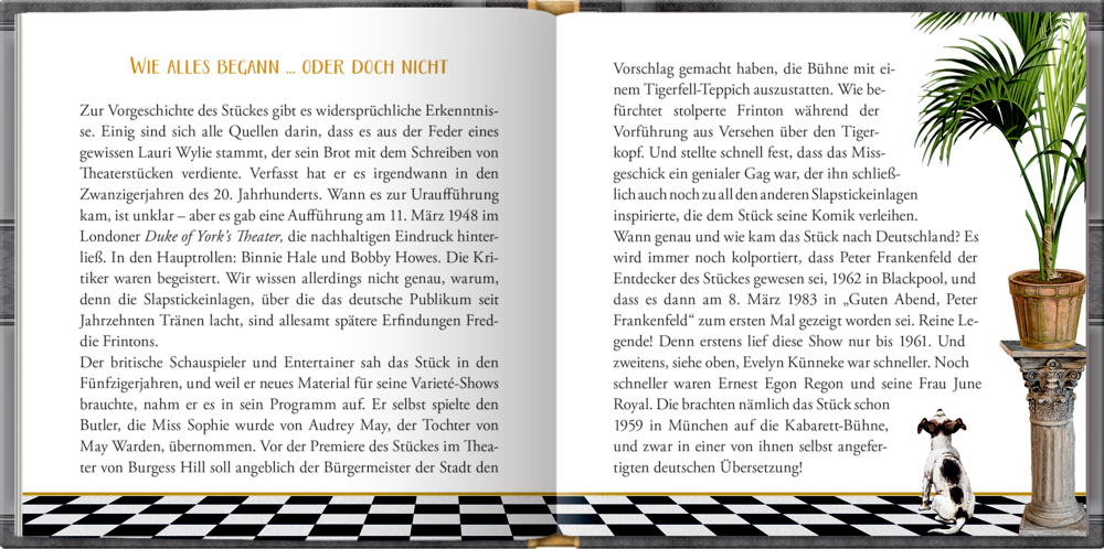 Offenes Buch mit Text, kariertem Boden, Topfpflanze und einem Hund mit Hut, der neben einer Säule sitzt.