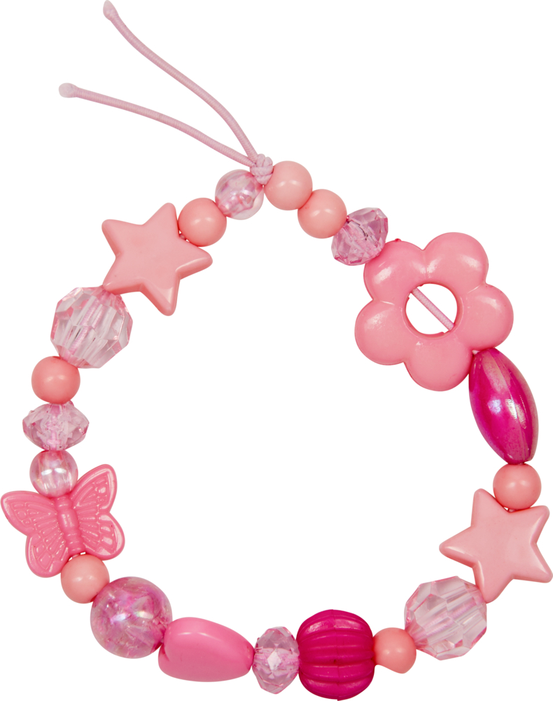 Rosa Perlenarmband mit verschiedenen Formen – Sternen, einer Blume und einem Schmetterling – für verspielten Charme.