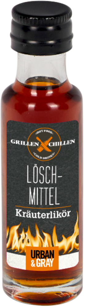 kleine Flasche mit der Aufschrift Löschmittel. Auf dem Etikett sind Flammen abgebildet.