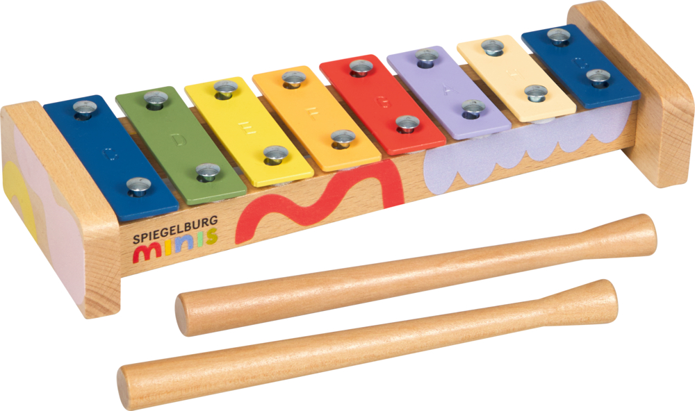 Buntes Spielzeug-Glockenspiel mit acht Metallstäben und zwei Holzschlägeln.