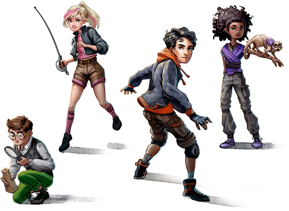 Vier abenteuerlustige Kinder: mit Degen, Lupe, eines hält einen Affen.