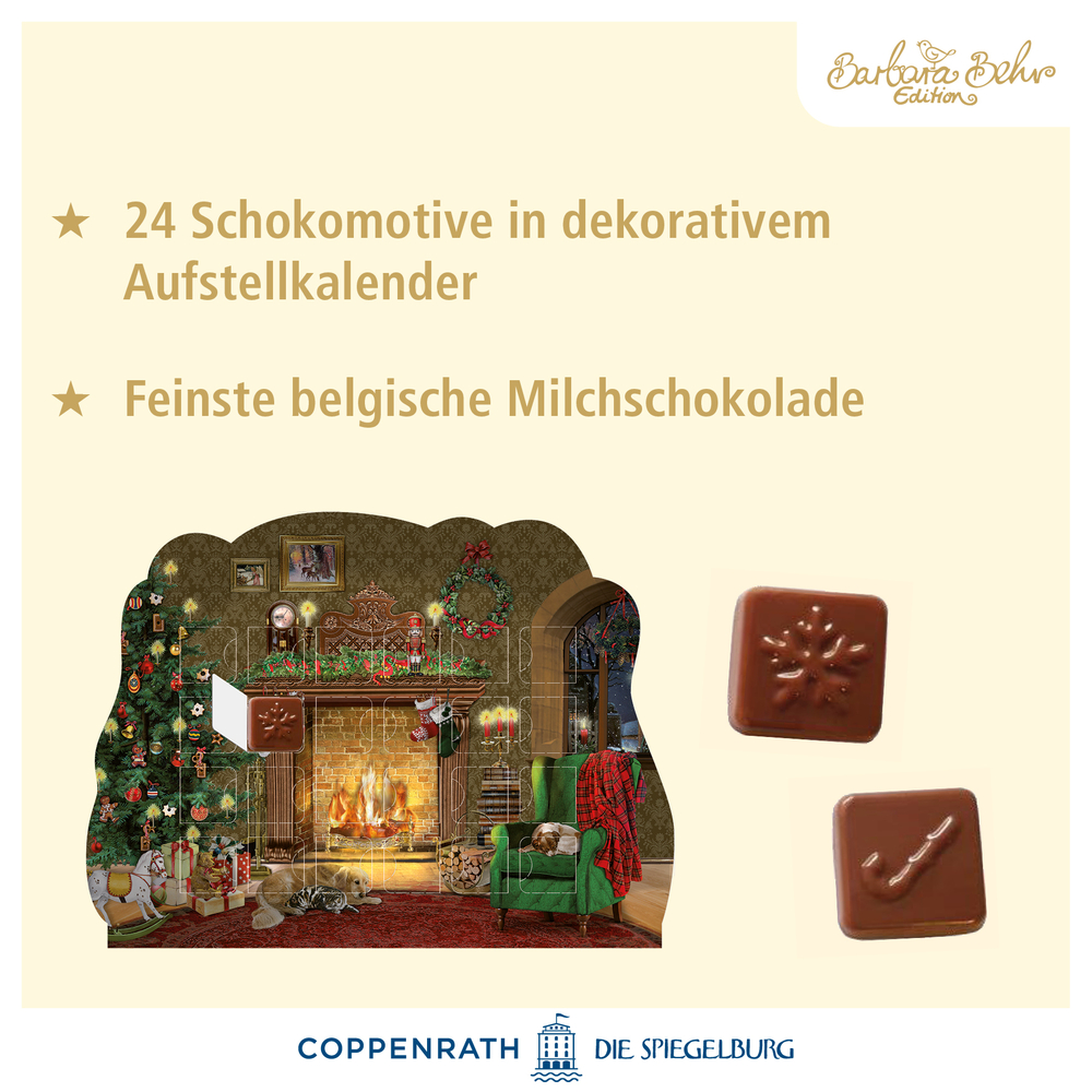 Adventskalender mit Kamin- und Weihnachtsbaum-Motiv sowie zwei Stücke Milchschokolade mit eingeprägten Symbolen.